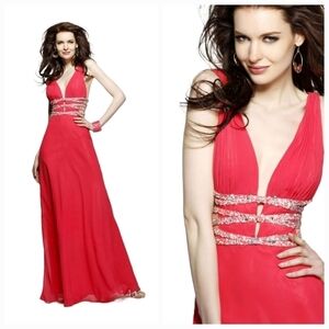 NWT Faviana Beaded Cutout Coral Chiffon Dress 7352